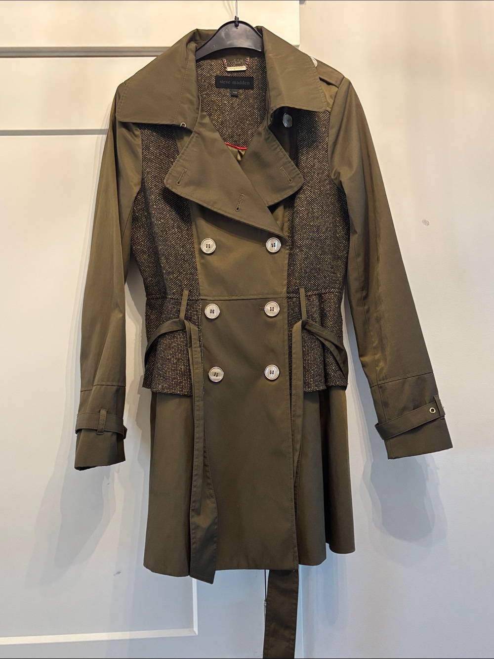 Steve Madden Olive Green Mixed-Media Double-Breasted Trench Coat